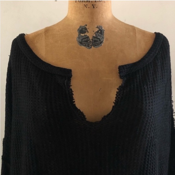 Free People] Black Waffle Thermal  flared sleeve Oversized T-shirt Top - Picture 7 of 13